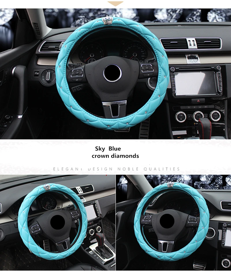 car steering wheel cover leather black and white blue purple red for women bling diamond car interior accessories 38cm 15 inch