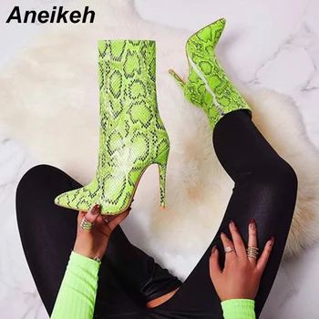 

Aneikeh 2019 Classic PU Women Boots Pointed Toed Serpentine Thin High Heels Zip Ankle Boot Shoes Office Wedding Green Size 35-42