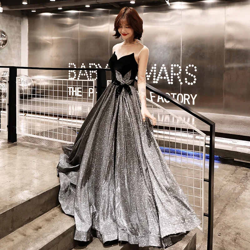 

New Elegant Long Evening Dresses Fashion Star brilliant dress Long sleeve girls Prom Party Gown Formal Dress Robe De Soiree 2019