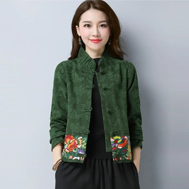 Осенняя традиционная китайская блузка Cheongsam Топ Вышивка Цветочные Женские китайские Топы мандарин куртка женская TA1829