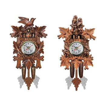 

2 Pcs Vintage Home Decorative Bird Wall Clock Hanging Wood Cuckoo Clock Living Room Pendulum Clock Craft Art Clock for New House