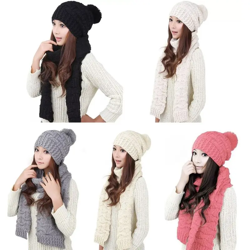 

Women Winter Crochet Knit Hat Scarf Set Solid Color Pompom Beanie Cap Neck Shawl KLV 2019 New Fashion