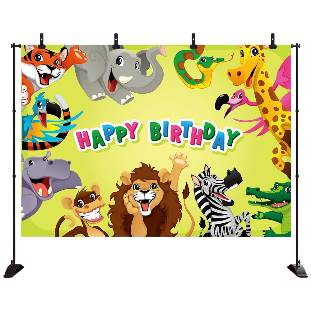

Cartoon Safari Park Animals Backdrop Kids Happy Birthday Party Decorations Fauna Jungle Forest Wildlife Elephant
