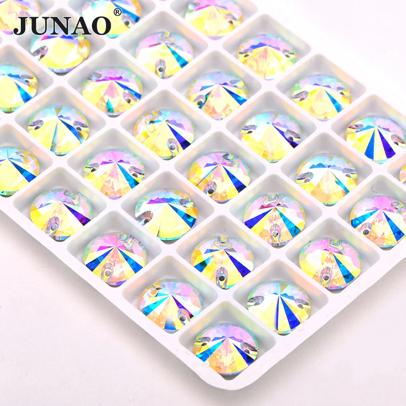 JUNAO, 8, 10, 12, 14, 16, 18 мм, стразы для шитья из кристаллов AB K9, стеклянные стразы с плоским основанием, аппликация из кристаллов, сшитые Стразы, рукоделие