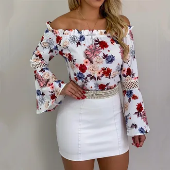 

Oufisun Spring Autumn Sexy Off Shoulder Women's Blouses Shirts Casual Lace Patchwork Tops Elegant Flower Print Hollow Out Shirts