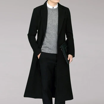 

High Quality Trench Coat Winter Woolen Coat Men Leisure Long Sections Pure Color Slim Fit Single Breasted Casual Overcoat
