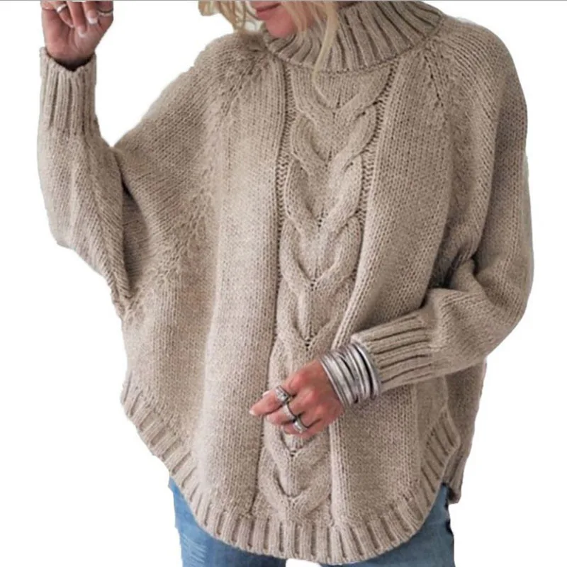 Свободный осенний женский свитер с рукавом «летучая мышь», зимний свитер с высоким воротом, кашемировый женский простой пуловер с оборками