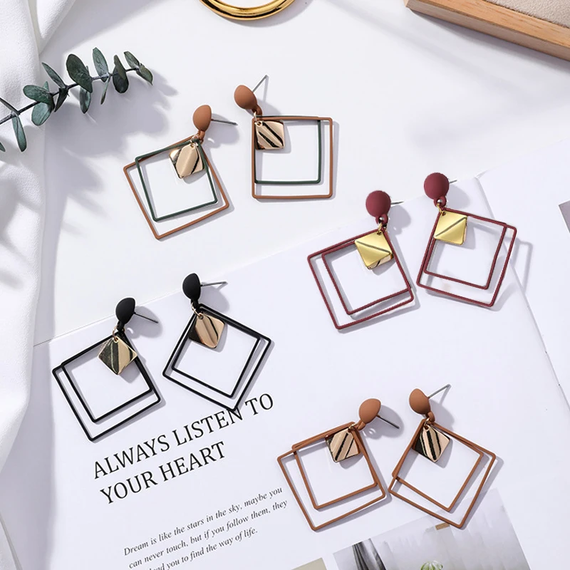 

2019 Fashion Jewelry Geometric Square Drop Earrings for Women Double Layer Rhombus Dangle Earrings Birthday Gift For Friend