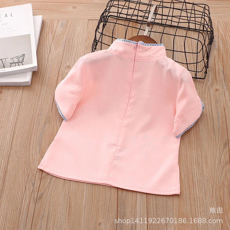 Spring Summer New Style Children Chinese Clothing Cotton Linen Short Sleeve CHILDREN'S Suit Chinese-style Handmade Frog Girls Ch