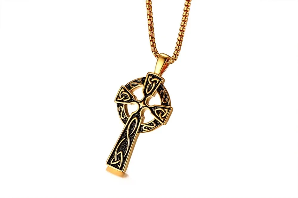 Mens Vintage Large CELTIC CROSS Irish Knot Pendant Necklace Stainless Steel Cros Cheilteach Jewelry Gold Silver Men Accessories collares collier colar choker 17
