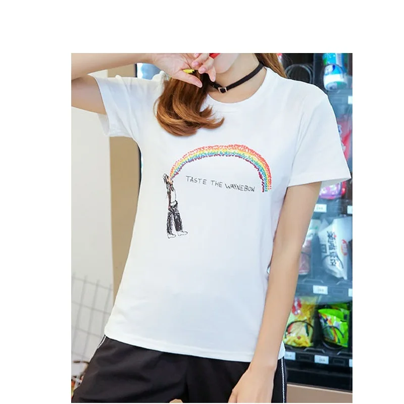 

Cute Casual O-Neck White Rainbow Cartoon Print Short Sleeve T-Shirt Fashion Sweet Loose Style Women's T-Shirt