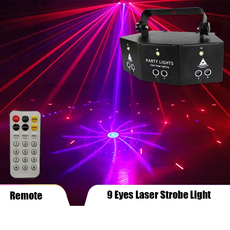 Remote Control Dj Led 9 Eyes RGB Disco Laser Strobe Light DMX512 Lazer Fog Machine Stage Lighting Wedding Night KTV Club