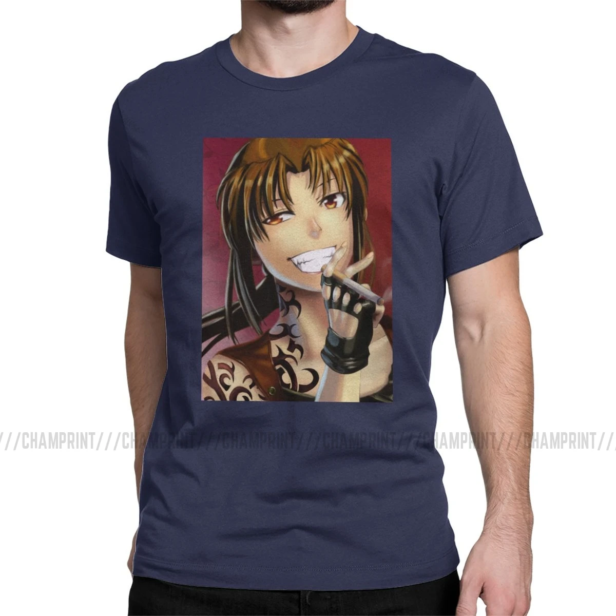 Винтажная Мужская футболка Badass Revy с круглым вырезом, хлопок, футболка Black Lagoon, аниме, короткий рукав, футболка размера плюс, одежда - Цвет: Тёмно-синий