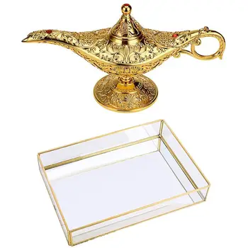 

Classic Metal Carved Lamp Light Wishing Tea Oil Pot & Gold Tray Mirror, Rectangle Mirror Tray(12X8X2 Inch)