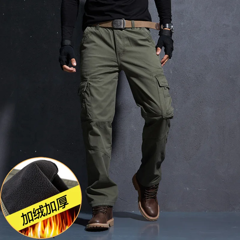 

Autumn Winter Mens Thick Fleece Thermal Straight Multi Pocket Pants Male Outdoor Climbing Hunting Riding Warm Windproof Trousers