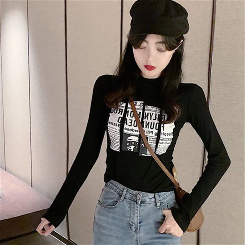 

2020 Autumn Winter Korean Version New Wild Thin Women's Casual Retro Printing Long-Sleeved T-Shirt Bottoming Tops