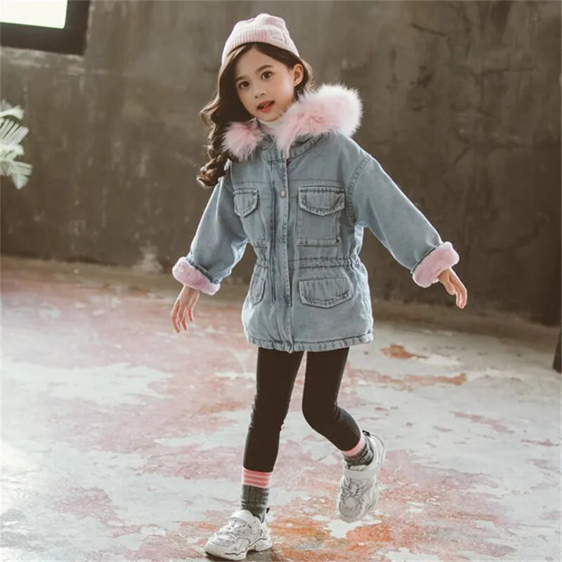 

Warm Thicken Jacket Winter Baby Girl Denim Jacket Plus Velvet Fur Kids Hooded Outerwear Coat 3-12 Years Children Parka Clothes