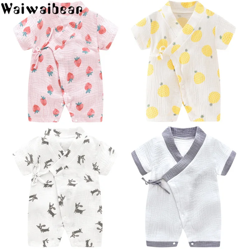 Waiwaibear/Детские комбинезоны с коротким рукавом для новорожденного мальчика и девочки; кружевная одежда; дышащее кимоно; комбинезон с принтом; одежда для ползания