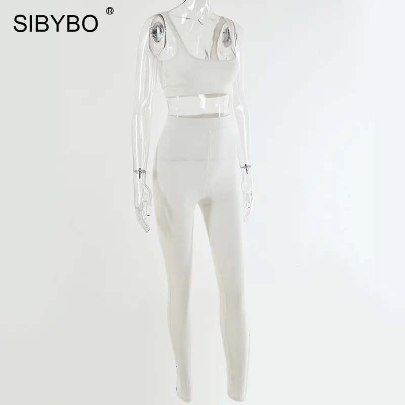 SIBYBO ребристый осенний комплект из двух предметов с высокой талией, женская спортивная одежда без рукавов, укороченный топ и штаны, комплект с открытой спиной, повседневные женские спортивные костюмы