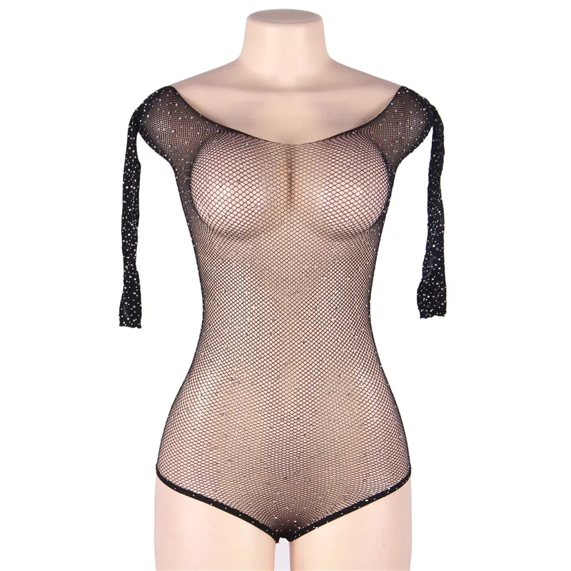 Black Bodysuit Comeonlover, женское сексуальное боди, блестящие стразы, ажурный, с длинным рукавом, с открытыми плечами, цельный, прозрачный, сетчатый топ, боди, RE80877 - Цвет: Black Bodysuit