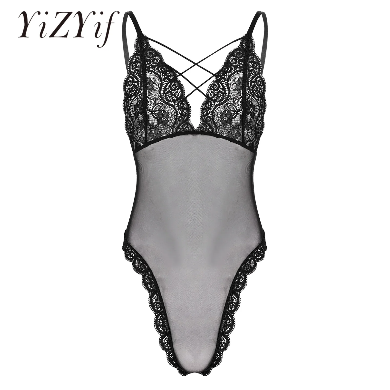 

Mens Lingerie Sissy Crossdresser Leotard Crisscross Strappy Adjustable Straps Sissy Bodysuit See-through Mesh Lace Sexy Teddies