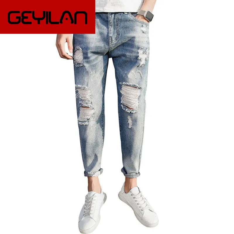 

2019 Spring Modis Korean version of the New Men's jeans, Hand-broken Nine pants, youth Fashion pants Ripped jeans for Men