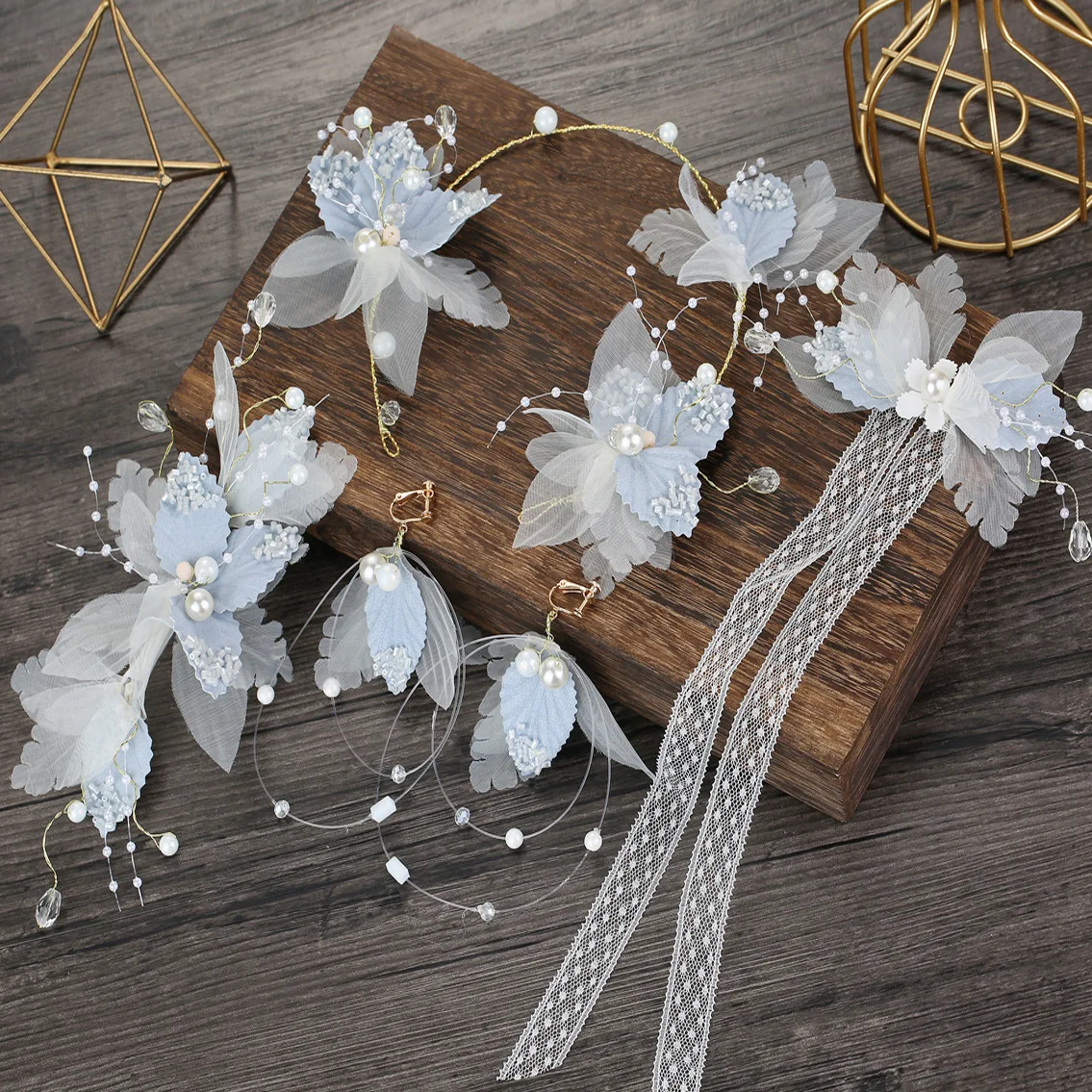 Beautiful Silk Yarn Flower dreamy Earrings Exterior Style headband Wedding hair accessories for bride