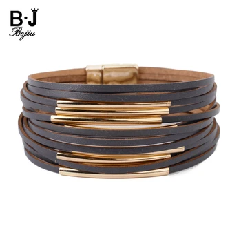 Boho Multilayer Leather Wrap Bracelets For Women Men Punk Gold Tube Magnetic Clasp Red Black Brown Rope Bracelet Jewelry BC375