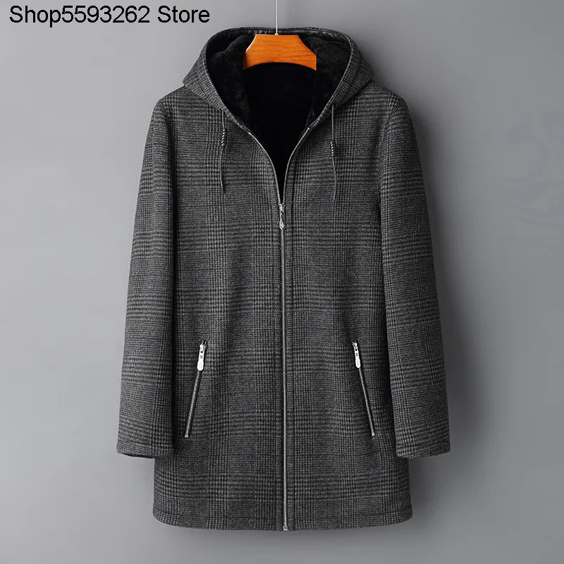 

Winter Original Ecology Fur One Piece Woolen Coat Male Medium Length Money Lian Cap Keep Warm Grid Wool Woolen Cloth Coat Chao