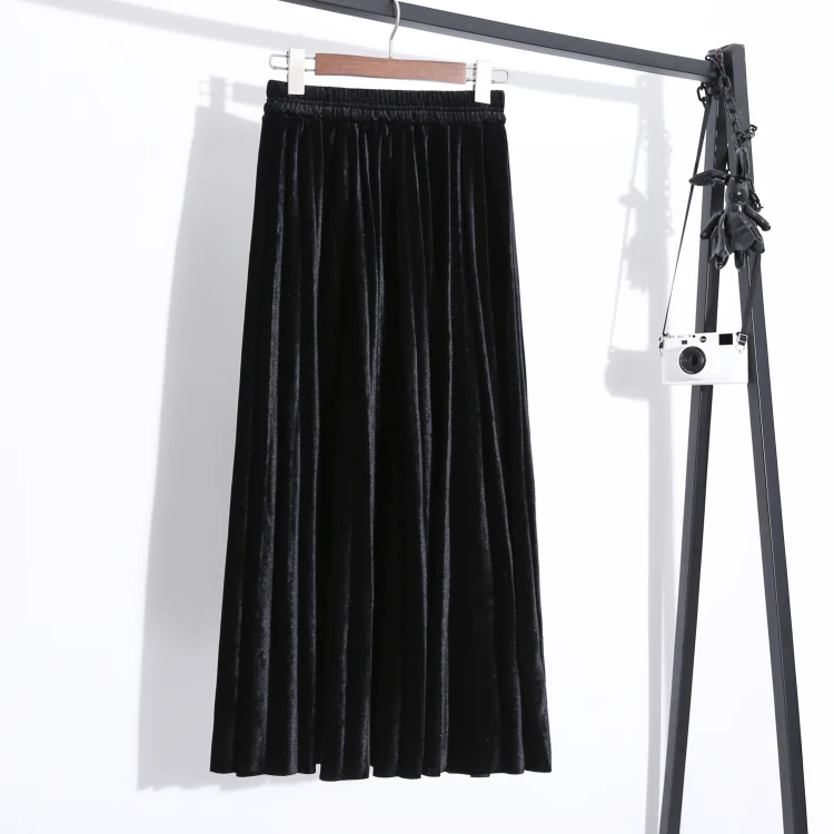 Новинка, осенняя плиссированная Женская юбка средней длины в стиле ретро, зимняя черная велюровая трапециевидная длинная юбка, Женская юбка с эластичной талией