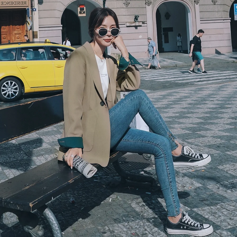 

France Non-mainstream WOMEN'S Dress 2019 Autumn New Style Retro Ol Young-Style Cuff Mixed Colors Large Pocket Small Suit Coat