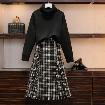 

Turtleneck Loose Oversize Sweater + High Waist Tweed Tassel Plaid Skirts Women's Autumn Winter Clothes Knitwear Girls Ladies