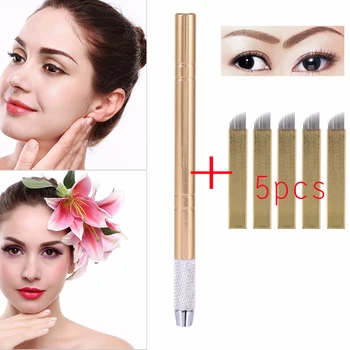 

3D Manual Eyebrow Tattoo Microblading Pen Permanent Makeup Gun Stainless Steel Tattoo Supplies + 5Pcs12 Pins Flat Blade Needles
