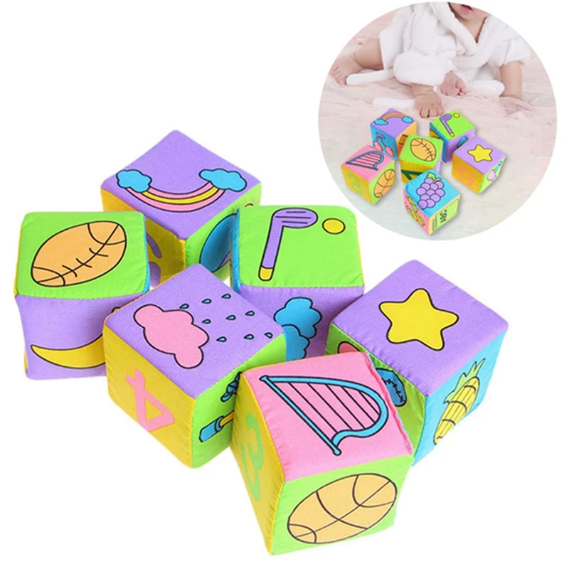 

HOT!! 6pcs In 1 Set Cloth Building Blocks New Infant Baby Cloth Doll Soft Rattle Early Educational Baby Toy Soft Plush Set Cube