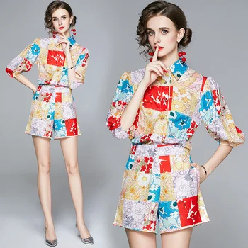 

Spring and summer stitching box long sleeve short shirt high waist wide leg shorts hot pants two-piece suit women