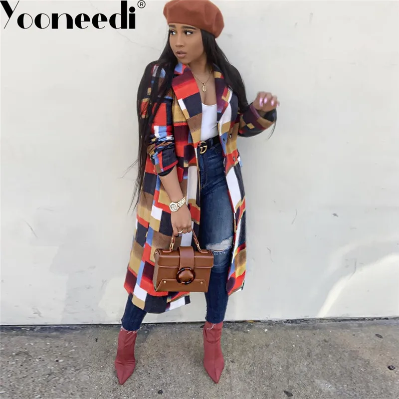 Yooneedi Winter Design Streetwear Plus Size Women Coats Color Plaid Turn-down Collar Full Sleeve X-Long Outwear WDS3498