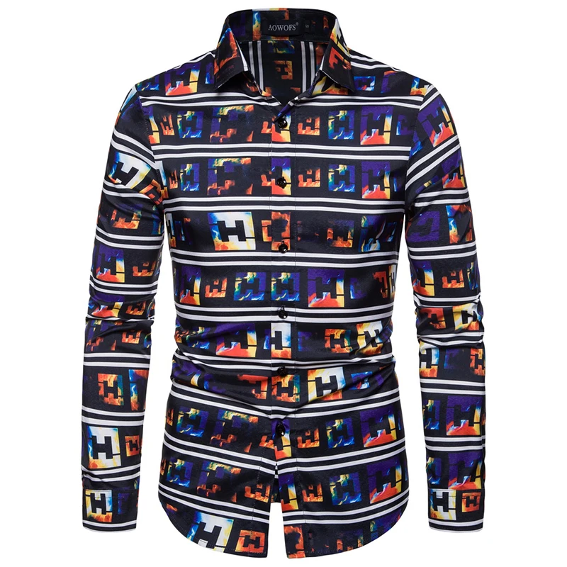 

Spring And Autumn New Men's Polyester Shirt European And American Printed Long-sleeved Shirt Slim Cotton Shirt