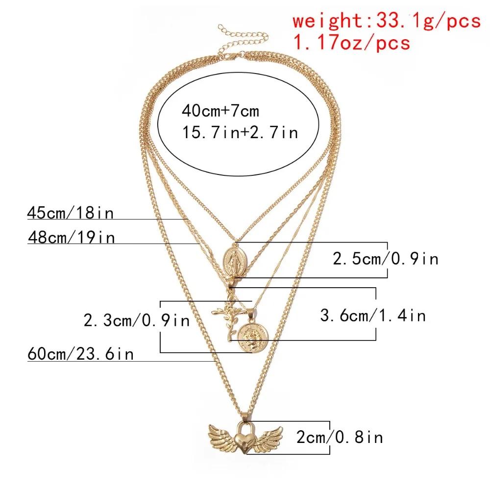 KMVEXO, корейский стиль,, Ретро стиль, многослойное сердце, крылья, подвеска, цепь, металлическая монета, крест, портрет, замок, цепочка, ожерелье для женщин, ювелирное изделие