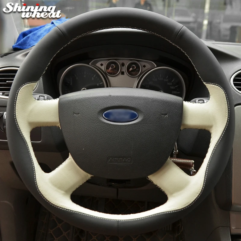 

Shining wheat Genuine Leather Car Steering Wheel Cover for Ford Kuga 2008-2011 Focus 2 2005-2011 C-MAX 2007-2010