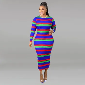 XL-5XL Fashion 2022 Fall Plus Size Dresses Long Sleeve Stripe Colorful Slim Ladies Casual Dress Outfits Wholesale Dropshipping
