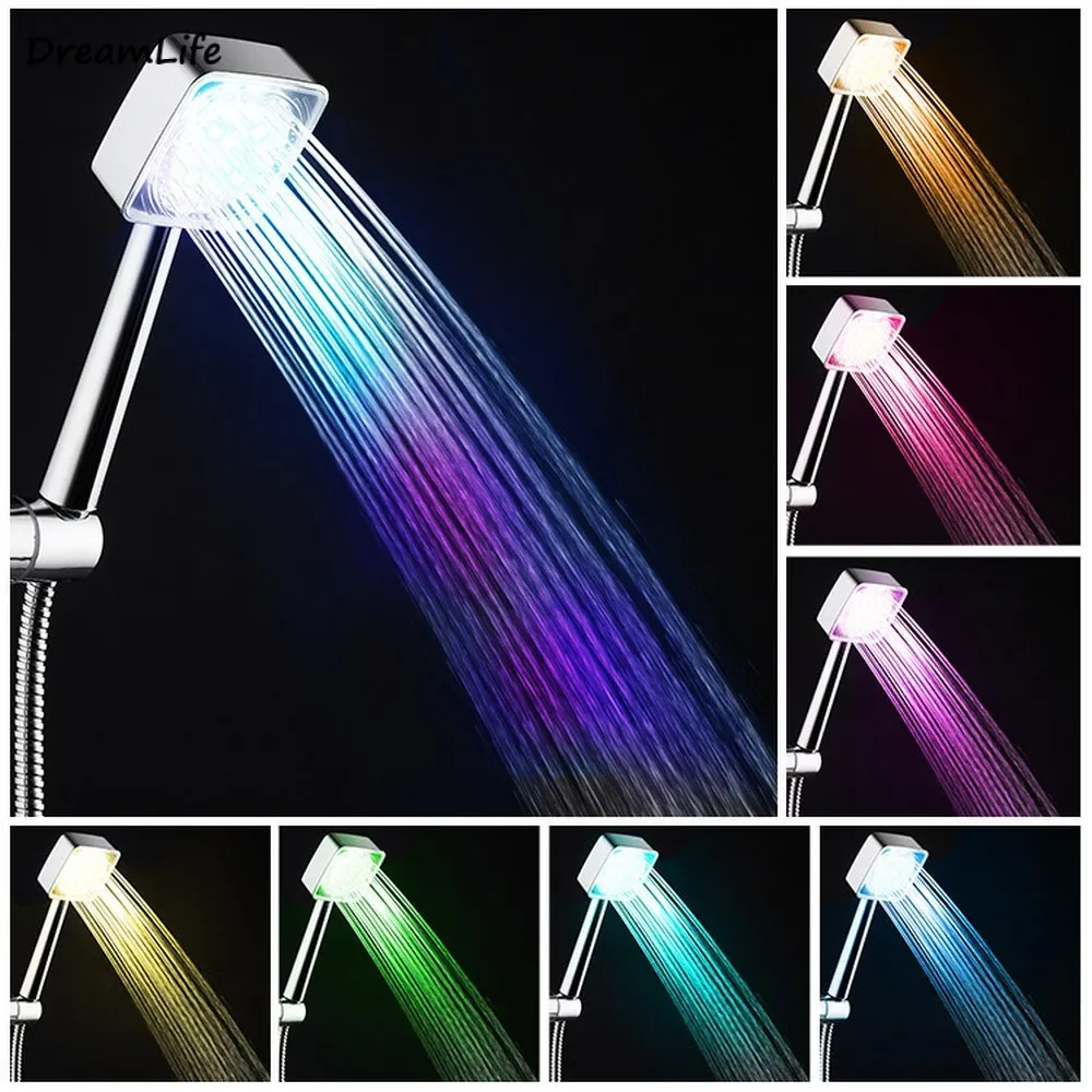 

LED Square Rainfall Shower 3 Colors Head Spary Light Water Sprinkler Bathroom Wall Mounted Bathroom Discoloration Showerhead