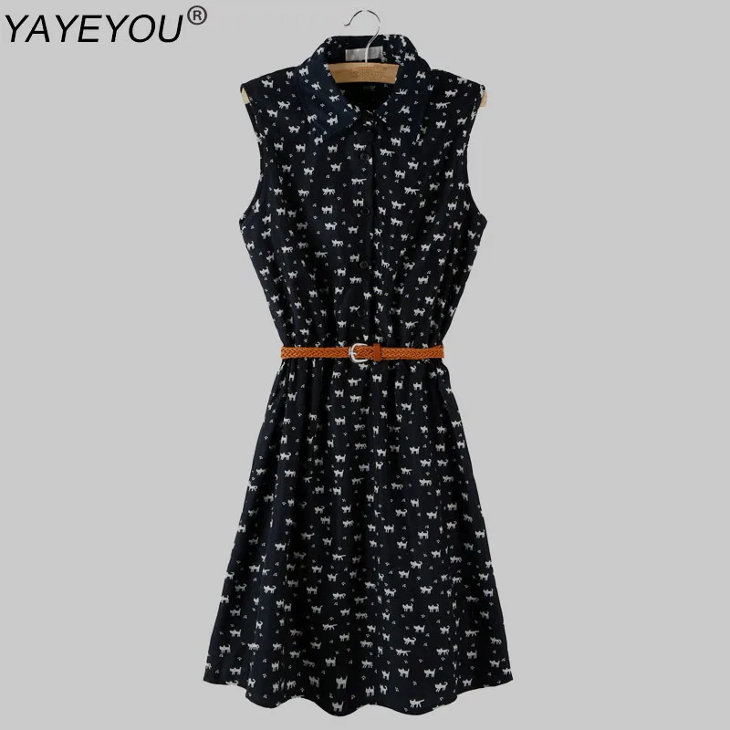 

summer dress 2015 new women fashion dress Cat turn-down collar footprints pattern Show thin dress with Belt print dress