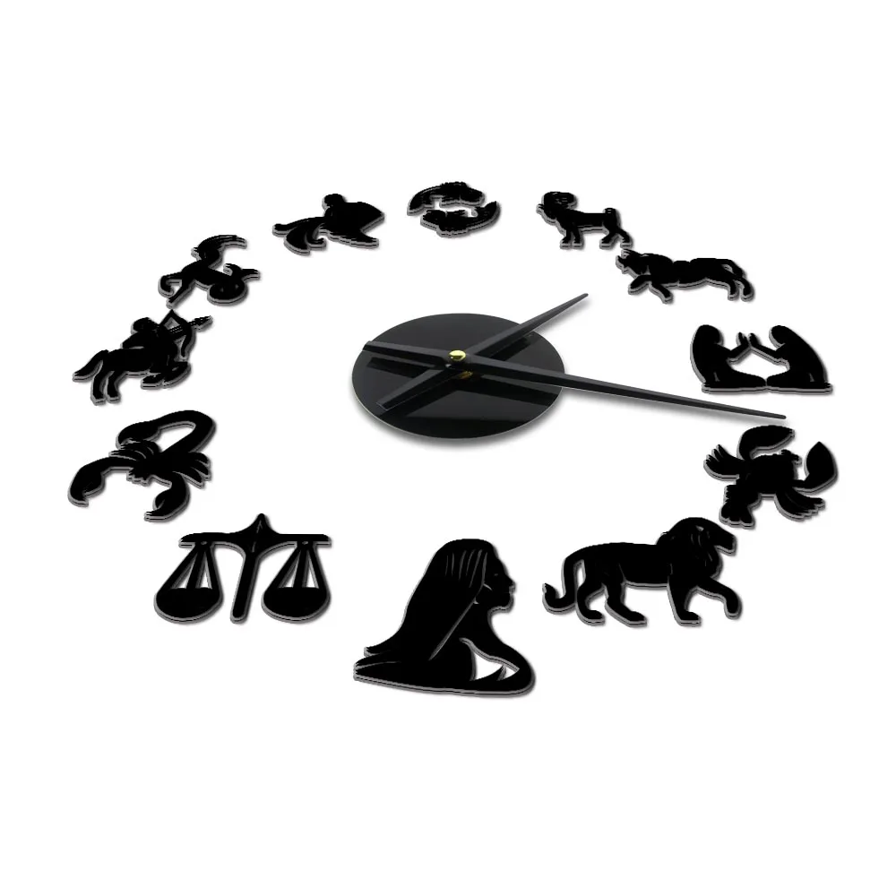 12 Zodiac Signs 3D Acrylic DIY Wall Clock Modern Astrology Wall Art Decor Quiet Sweep Clock Watch Creative Show Mirror Effect