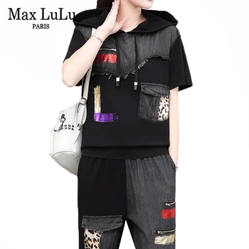 

Max LuLu 2020 Fashion Summer Ladies Patchwork Hooded Tops And Elastic Pants Women Vintage Printed Tracksuits Female 2 Piece Sets