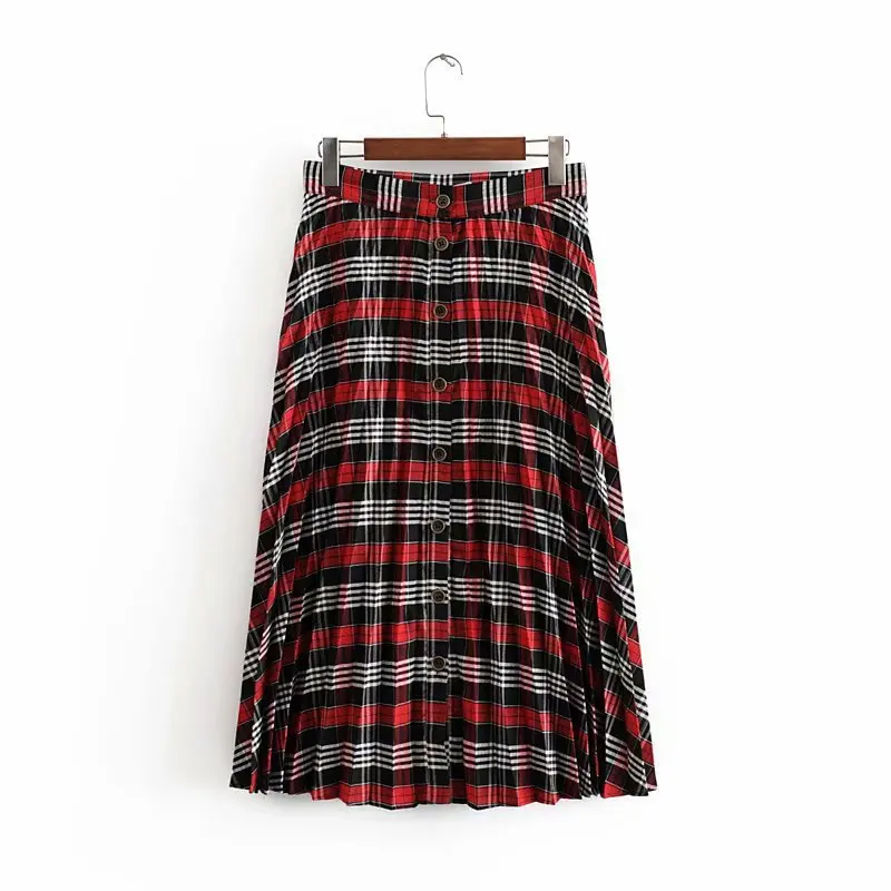 

Western Style WOMEN'S Dress 2019 Summer New Style High-waisted Single Breasted Retro Plaid Pleated Skirt