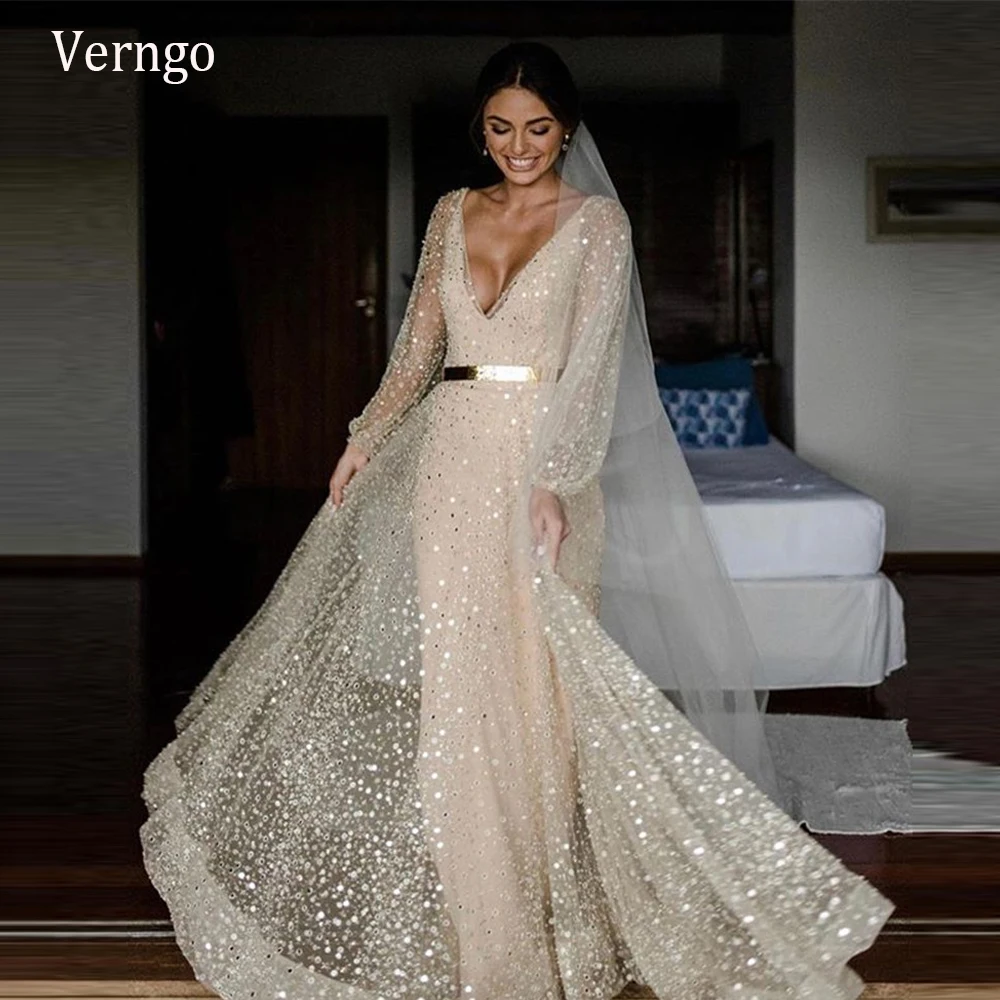 Abiti da sposa in due pezzi Glitter Champagne verniciati con cappotto  staccabile fusciacca dorata 2021 maniche lunghe a sbuffo scollo a V abiti  da sposa|Wedding Dresses| - AliExpress