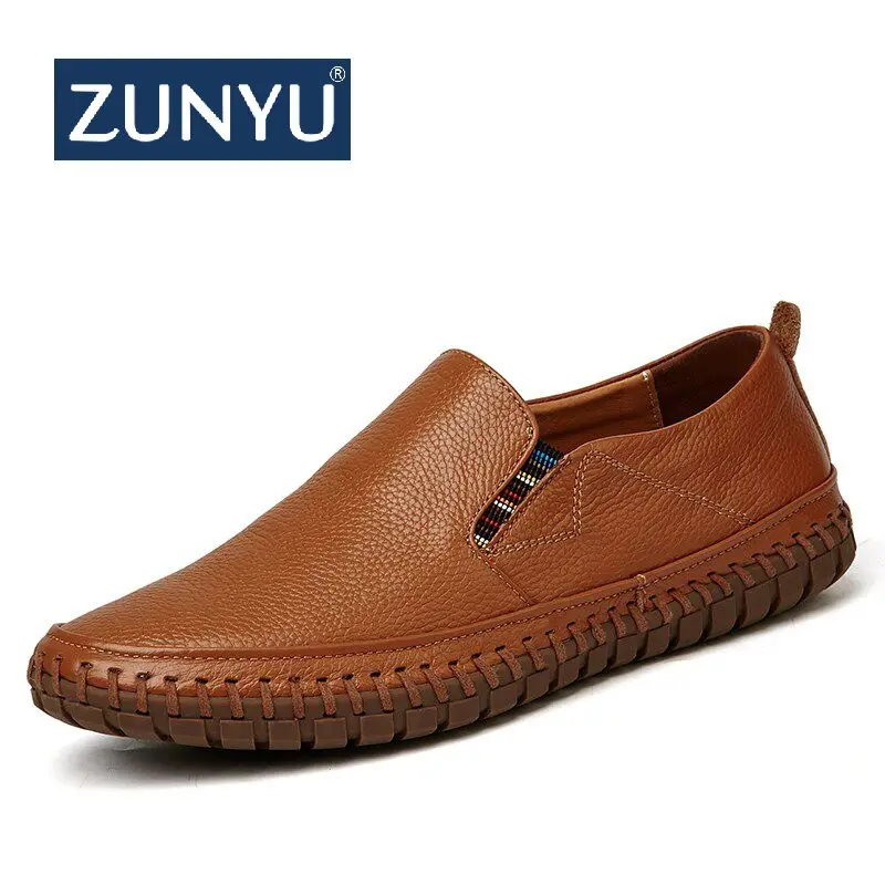 ZUNYU Genuine Leather Men Shoes Fashion Round Toe Casual Loafers Big Size Slip-on Flats Breathable Walking | Обувь
