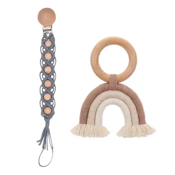 

2 Pack Baby Teething Set Wooden Teether Rings Pacifier Clip Chain Teether Holder U50F