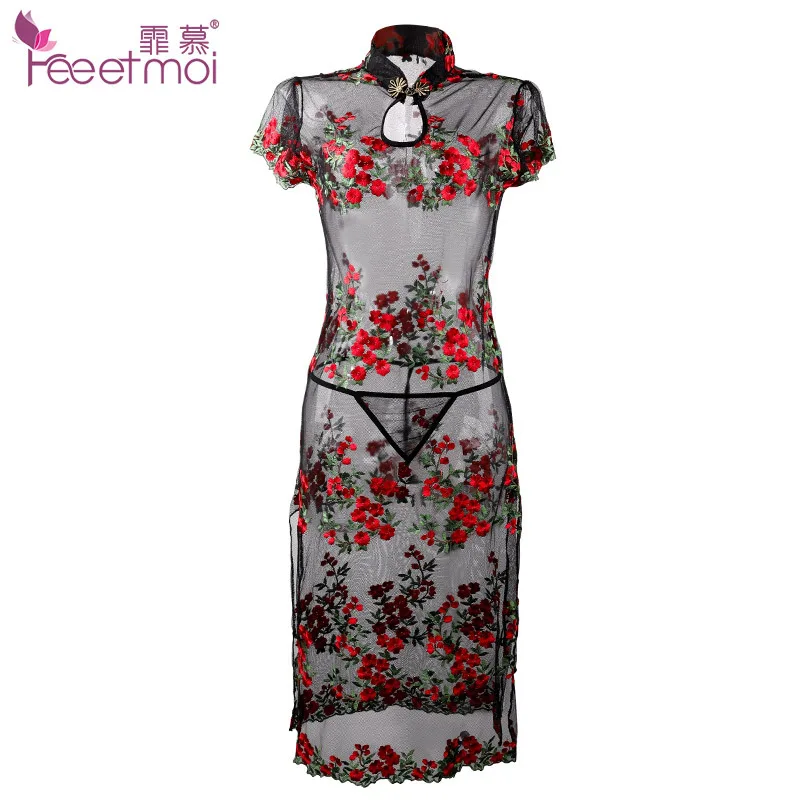 Новая китайская леди Роза Вышивка Ретро длинный Cheongsam перспективное белье платье открытая форма экзотическая танцевальная одежда для танцевальной вечеринки