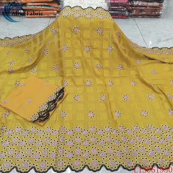 

Alisa yellow embroidery swiss voile lace 100% cotton fabric with stones african style french chiffon fabric 5 yards+2 yards/sets